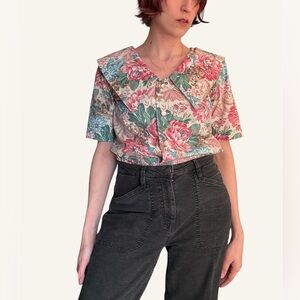 Vintage 80s Floral Button Down with Oversized Statement Collar | Handmade